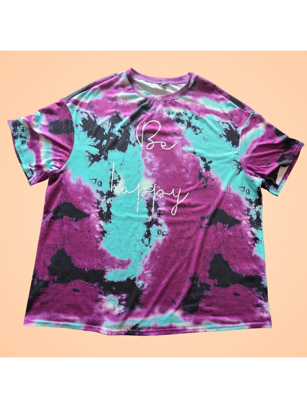 SHEIN Curve Womens 2XL Be Happy Tie Dye Graphic Tee Purple Turquoise Black
